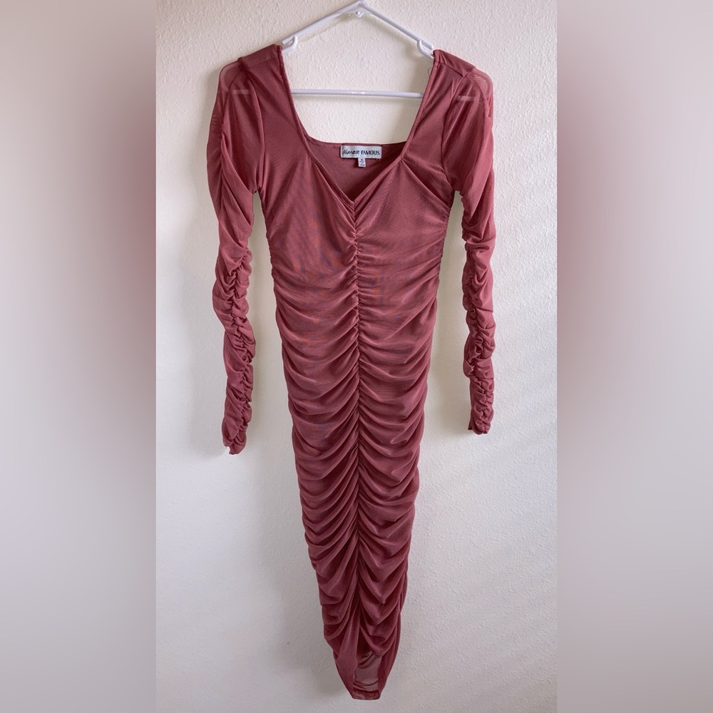 Almost Famous Ruched Bodycon Mesh Dress in Blush - Picture 2 of 10
